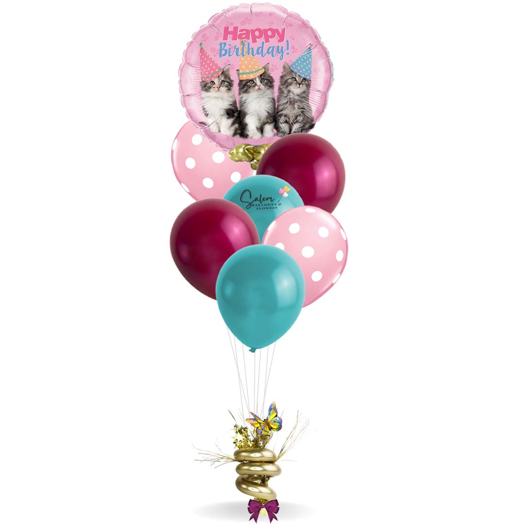 Kittens themed birthday balloon bouquet. Birthday helium bouquet. Salem Oregon ballon delivery.