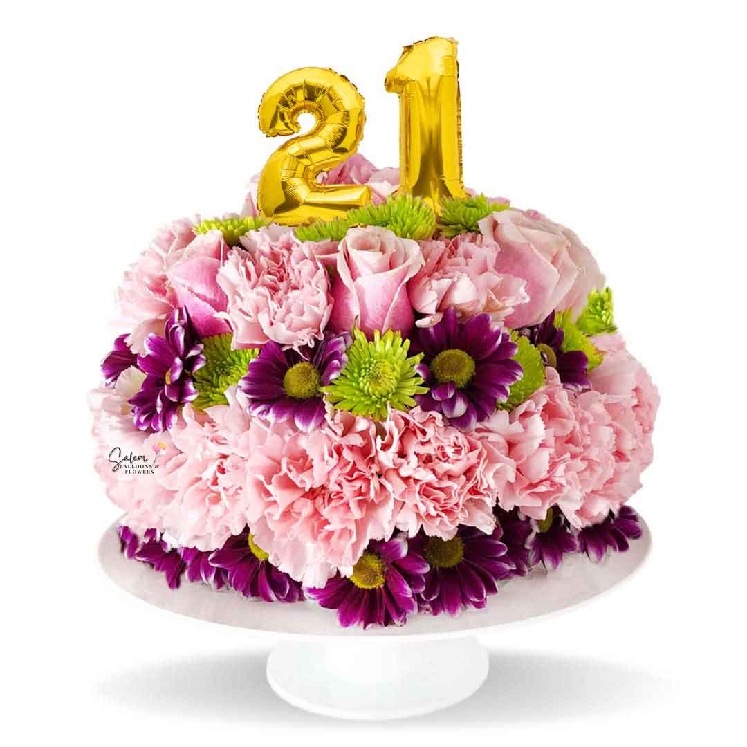 cake-shaped flower arrangement with balloon numbers on a white base. Salem Oregon flower delivery