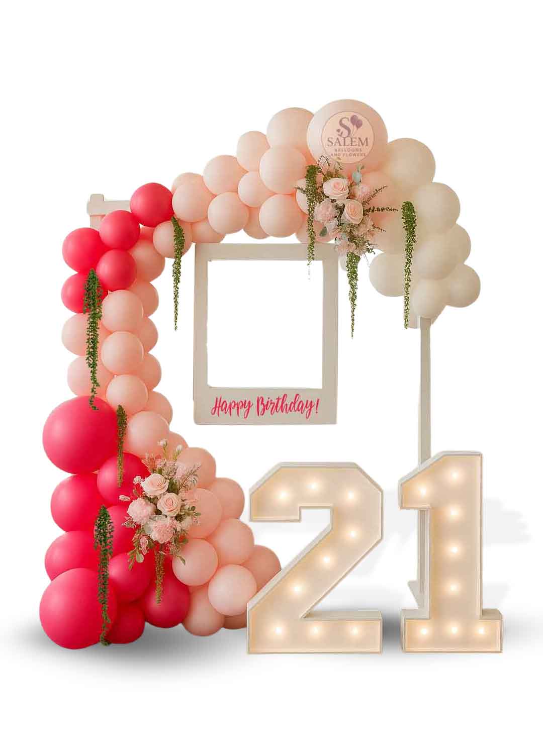 Birthday decoration set with balloons, floral arrangements, and a number '21' on a white background. Balloon Decor O
regon