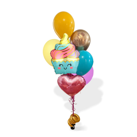 Colorful balloon bouquet with a smiley face ice cream foil balloon design on a white background. Oregon balloon delivery