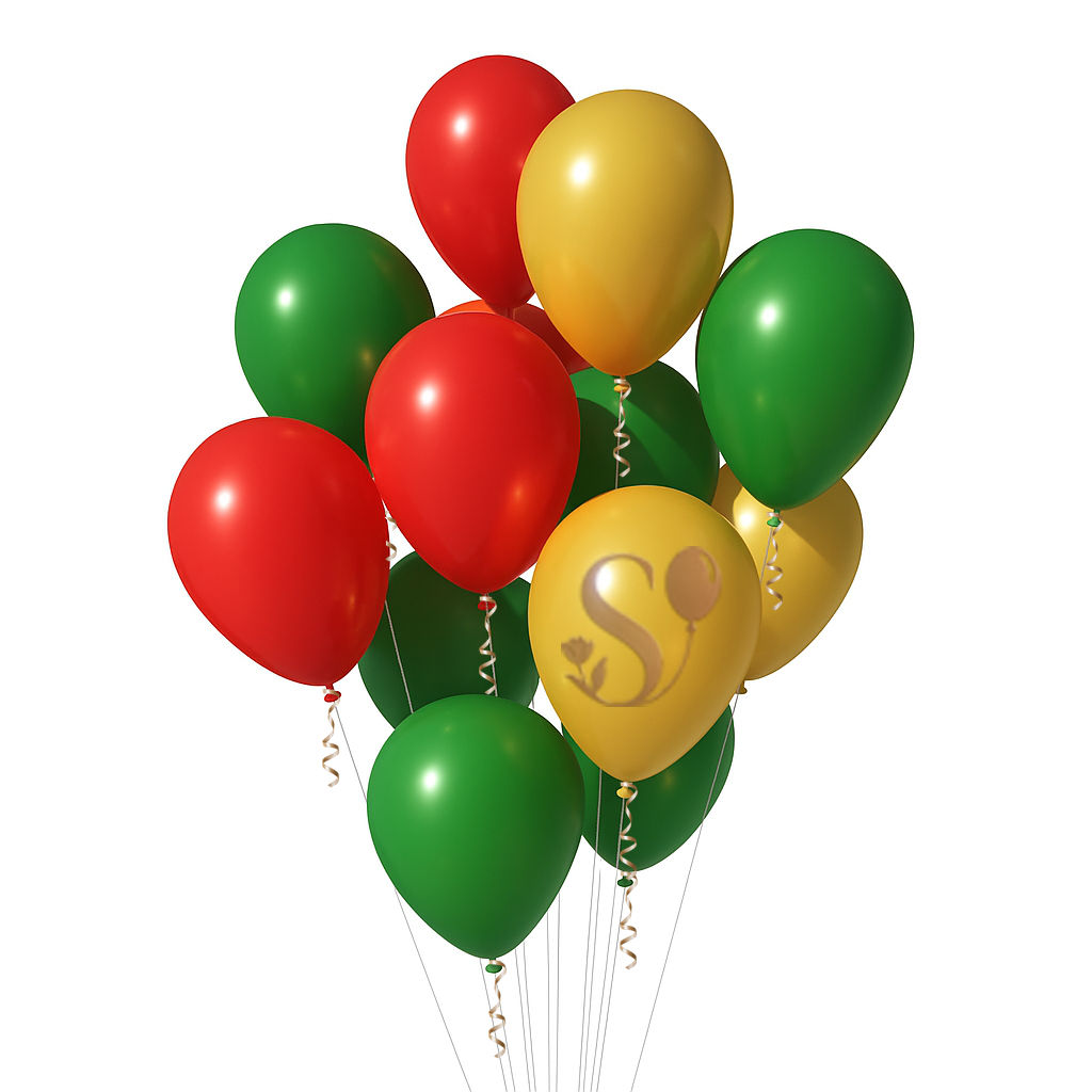 Bouquet of red, green, and gold balloons on a white background with a Salem Balloons and Flowers logo. Oregon.