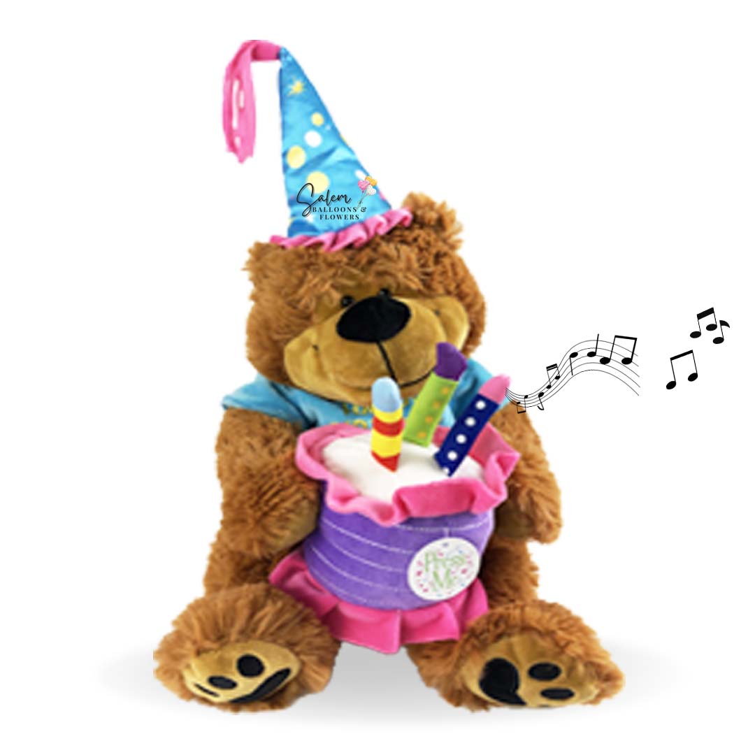 Musical teddy bear holding a cake. Plays happy birthday when you squeeze the cake. Delivery in Salem Oregon