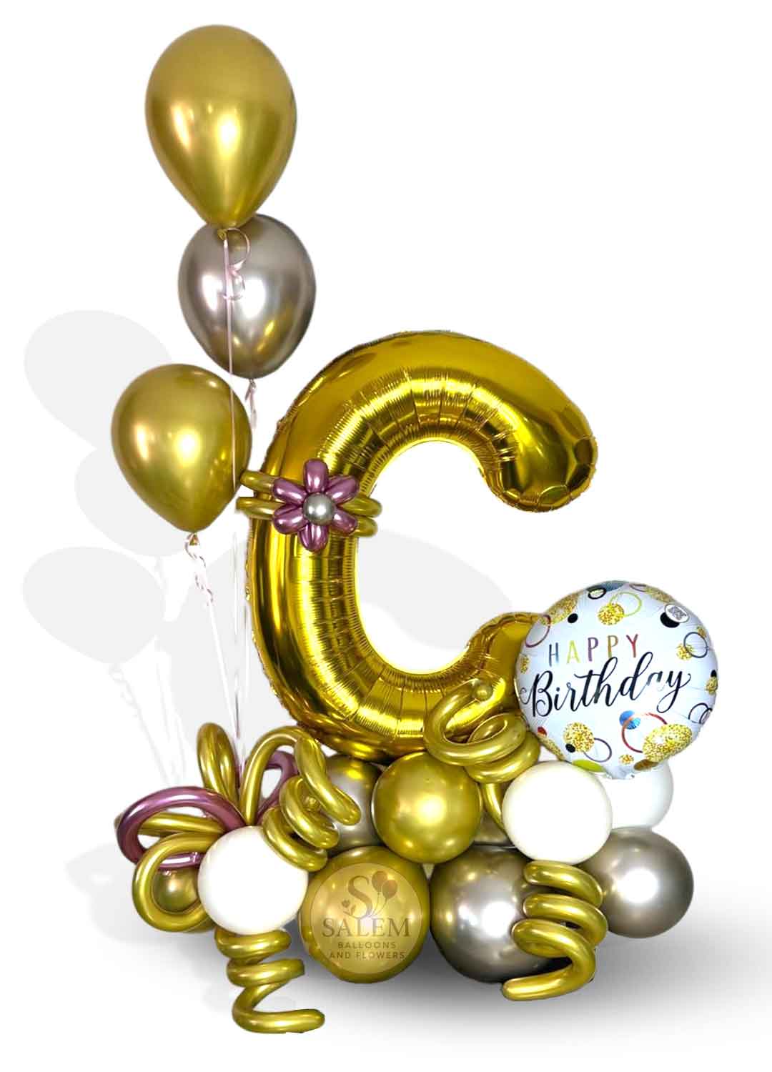balloon bouquet featuring a large letter balloon decorated with helium balloons in gold and silver. Oregon balloon delivery