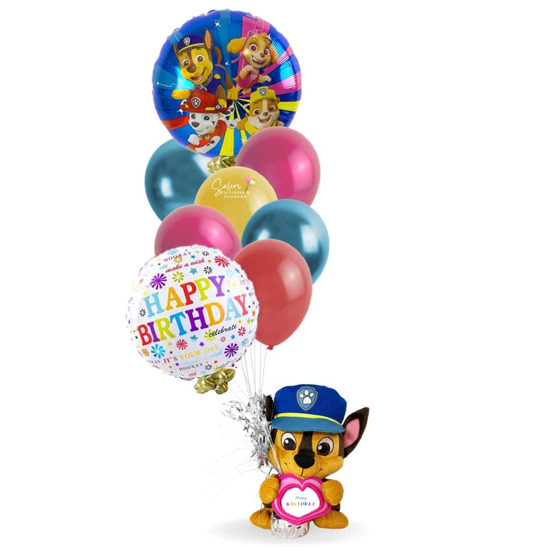 Paw patrol themed balloon bouquet with a Chase plush. Salem Oregon balloon delivery