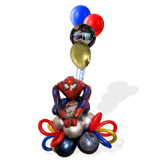 Spider-Man birthday balloon arrangement with colorful balloons on a white background. Balloon delivery. Oregon