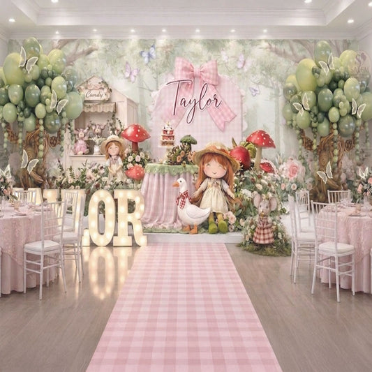 Luxury woodland birthday setup with balloon decor, marquee letters, pink plaid aisle, and styled tables in Salem to Portland  Oregon and nearby cities. Designed for unforgettable celebrations.
