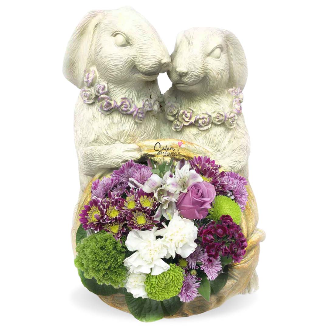 Spring flower arrangement. Fresh flowers in a white bunnies vase. Flower delivery in Salem OR and nearby cities.