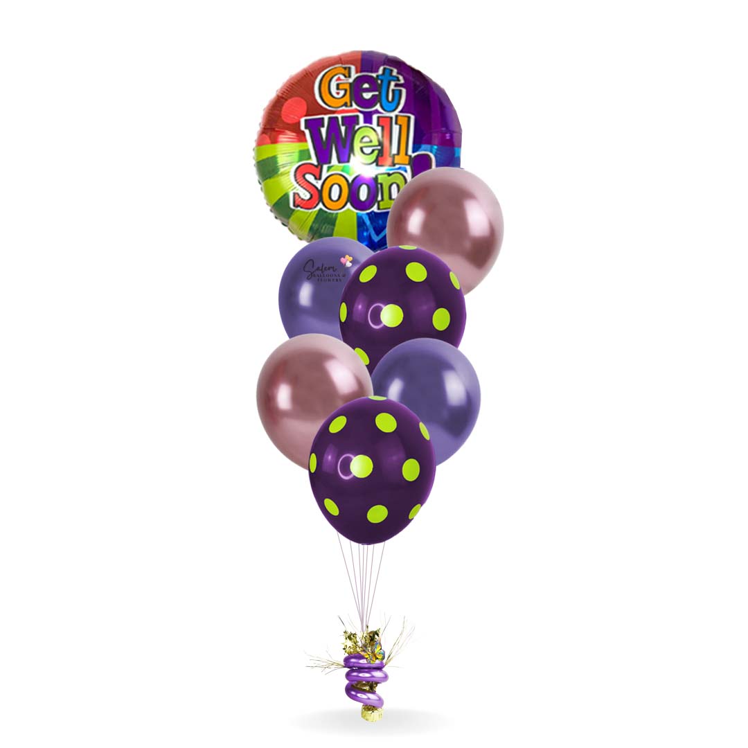 Get well helium balloons. Featuring a Mylar balloon with a 