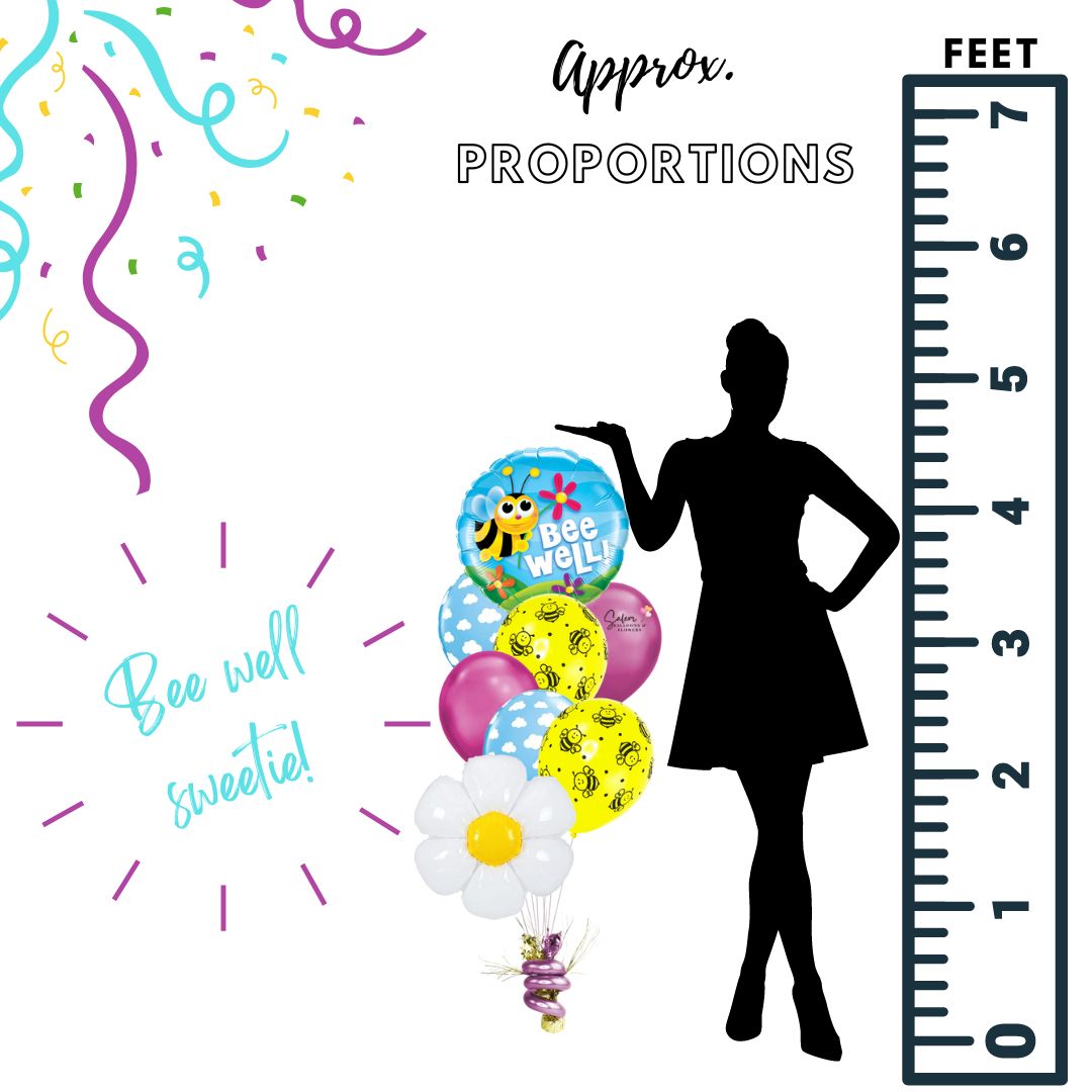 size chart for a Get well helium balloon bouquet, featuring a mylar balloon with a cute bee and a 'Bee Well!" message. Salem Oregon balloon delivery.
