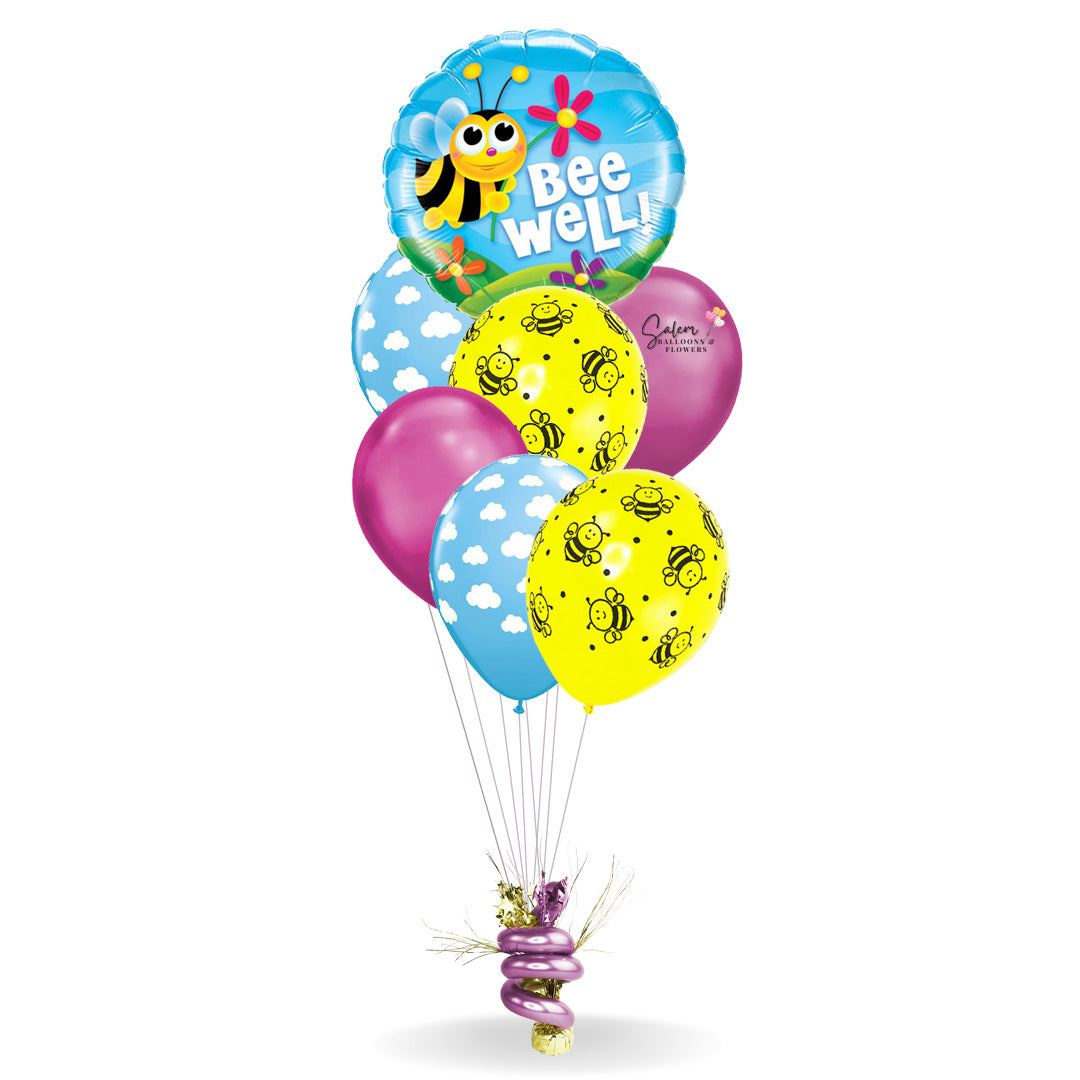 Get well helium balloon bouquet, featuring a mylar balloon with a cute bee and a 'Bee Well!" message. Salem Oregon balloon delivery.