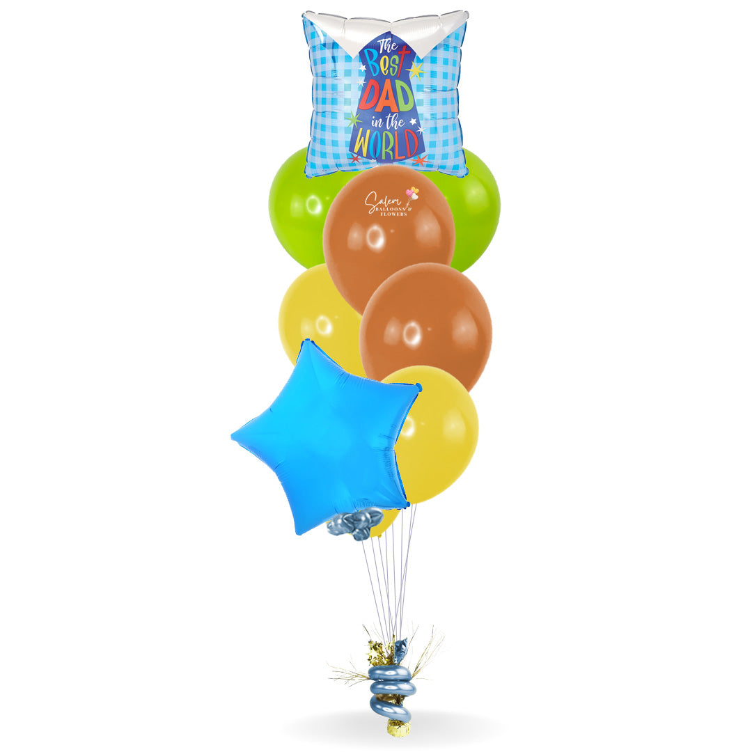 Happy Father's Day Balloon Bouquet. Featuring a Best Dad In The World message balloon and a Star balloon with a set of colorful helium-filled balloons, anchored to a decorated weight. Free delivery in Salem Oregon and nearby areas. 