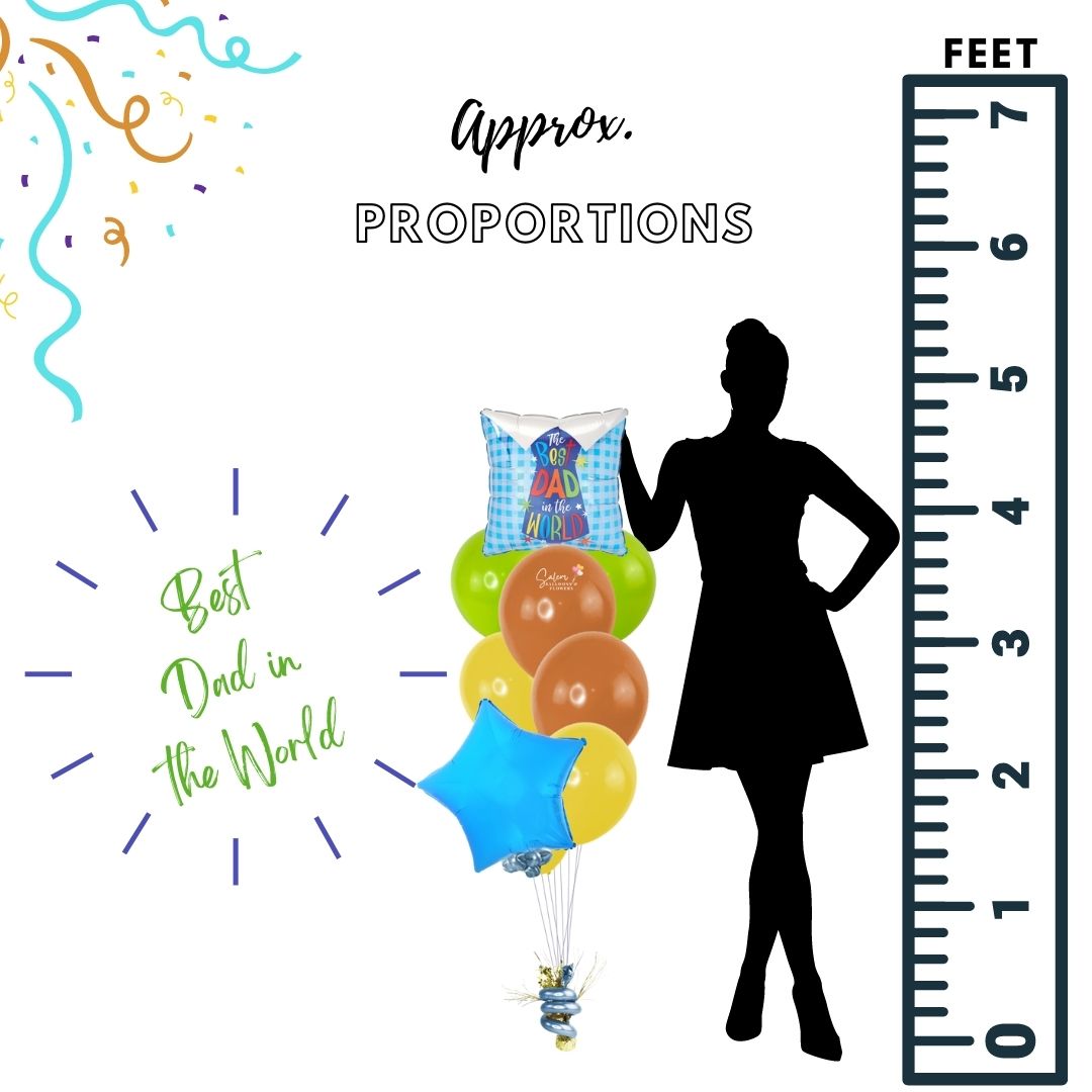 Happy Father's Day Balloon Bouquet. Featuring a Best Dad In The World message balloon and a Star balloon with a set of colorful helium-filled balloons, anchored to a decorated weight. Free delivery in Salem Oregon and nearby areas. 