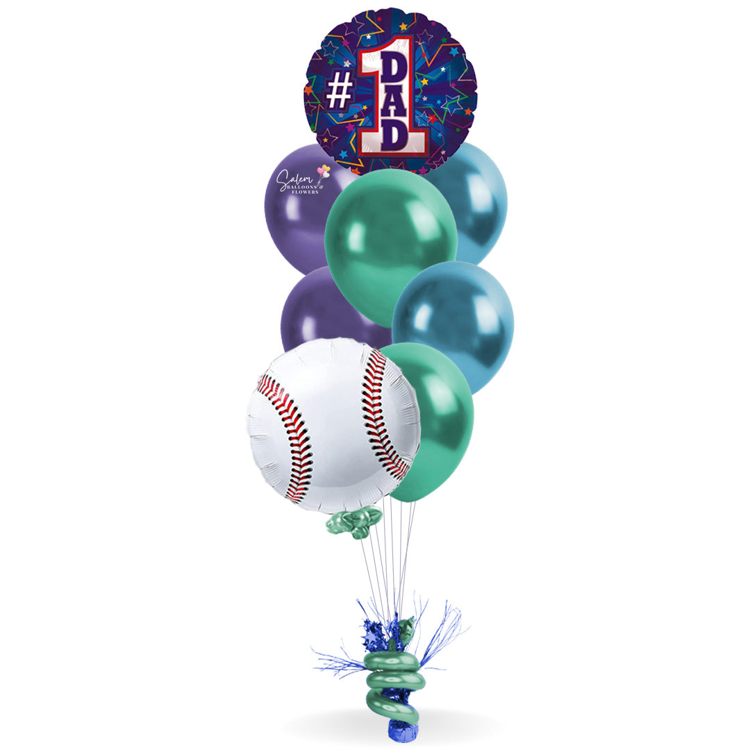 Happy Father's Day Balloon Bouquet. Featuring a Dad #1 message balloon and a baseball balloon with a set of colorful helium-filled balloons, anchored to a decorated weight. Delivery in Salem Oregon and nearby areas. 
