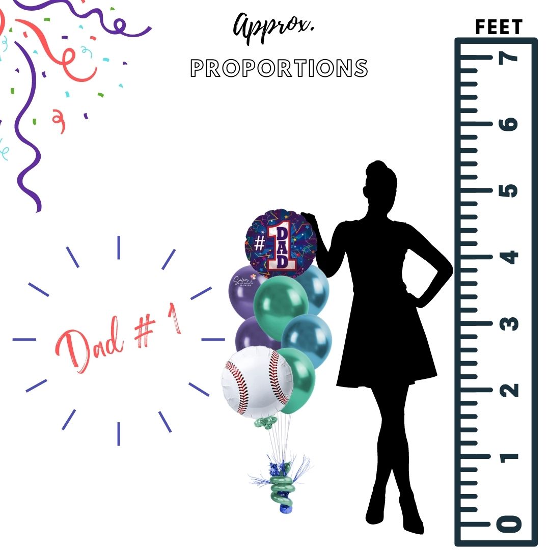 Happy Father's Day Balloon Bouquet. Featuring a Dad #1 message balloon and a baseball balloon with a set of colorful helium-filled balloons, anchored to a decorated weight. Delivery in Salem Oregon and nearby areas.  Dimensions chart.