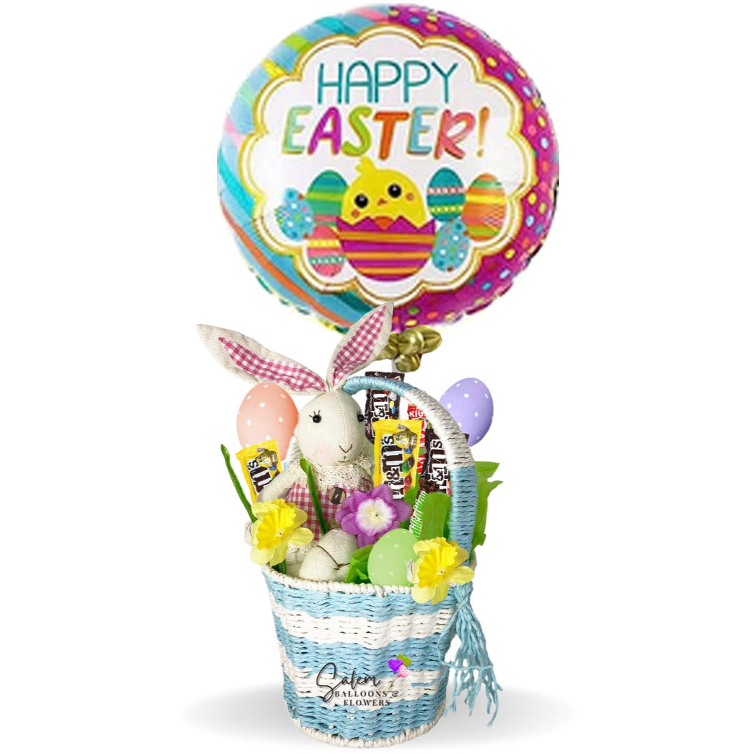 A gorgeous Easter blue basket filled with a delicious assortment of  Candy and Chocolates. Featuring an adorable bunny and an Easter themed Mylar balloon. Delivery available in Salem OR and nearby cities.