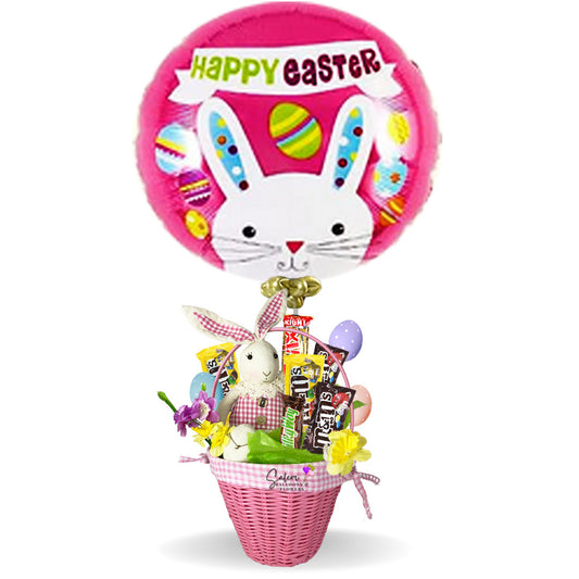 a gorgeous Easter pink basket filled with a delicious assortment of Chocolates. Featuring an adorable bunny and an Easter themed Mylar balloon. Delivery available in Salem OR and nearby cities.