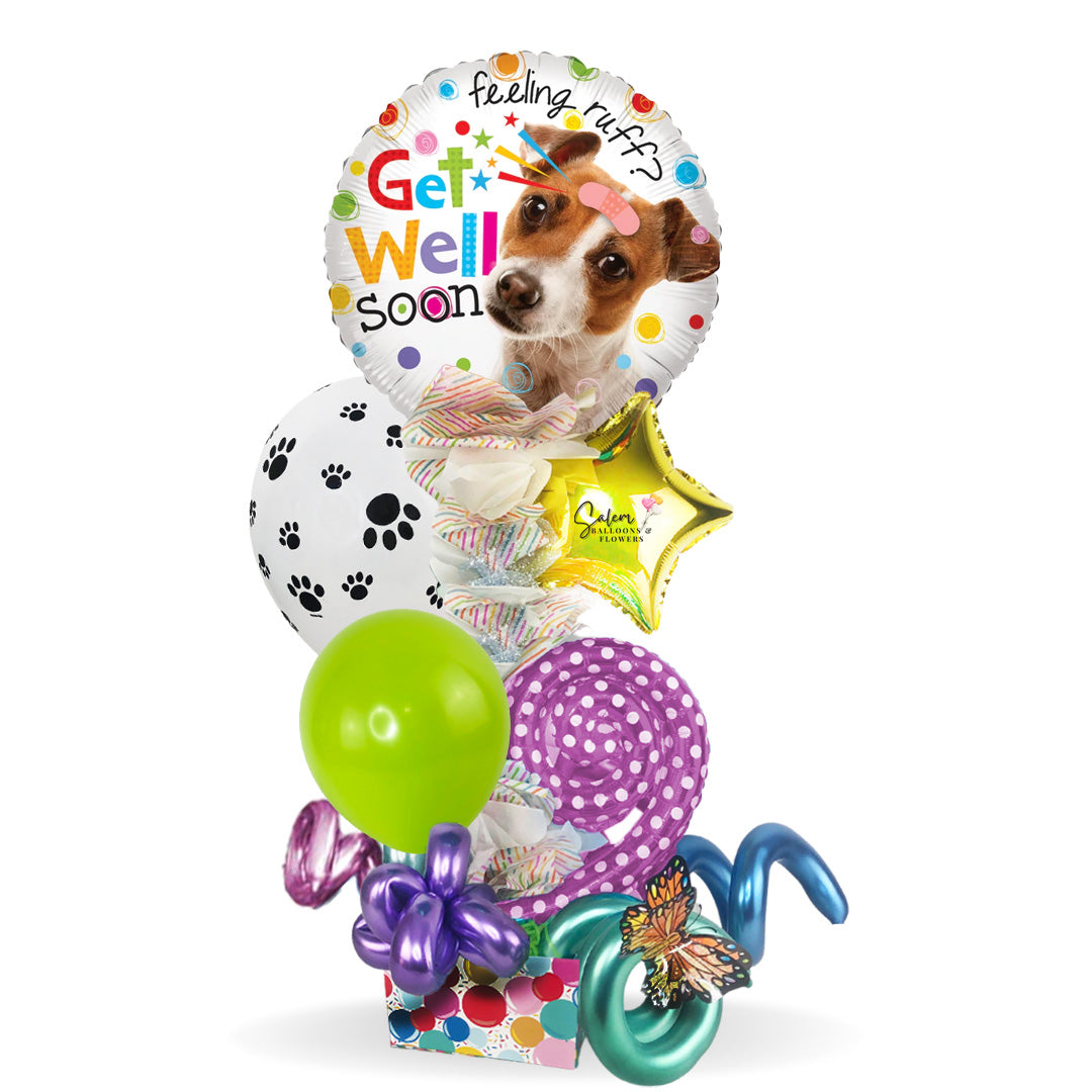 Tender get well balloon arrangement. This is a very thoughtful gift full of color and good wishes. Featuring a Mylar balloon with a tender puppy, decorated with whimsical balloons. These balloon arrangements are very popular due to their long-lasting life and their big but still easy-to-carry size.  Free delivery in Salem Oregon and nearby areas. 