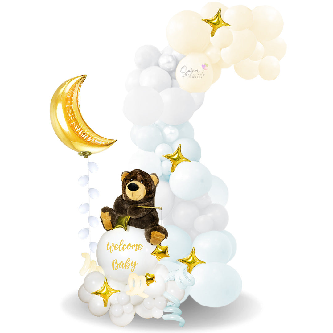 baby shower balloon garland. Gender reveal balloon decor. Welcome baby balloon decoration. Balloons Salem Oregon. Balloon decor.