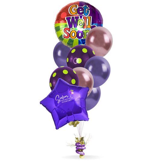 Get well helium balloons. Featuring a Mylar balloon with a "Get Well" message. Vibrant colors. Balloon delivery Salem Oregon.