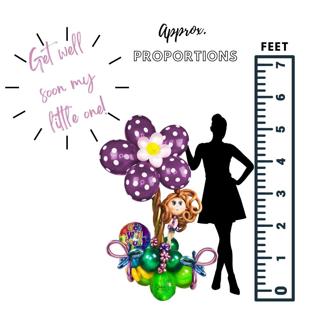 Get well standing balloon bouquet sculpture. Featuring a Balloon Ballerina Doll standing on a giant daisy flower balloon. Deluxe style comes with a box of chocolates. Free delivery in Salem Oregon and nearby areas. 