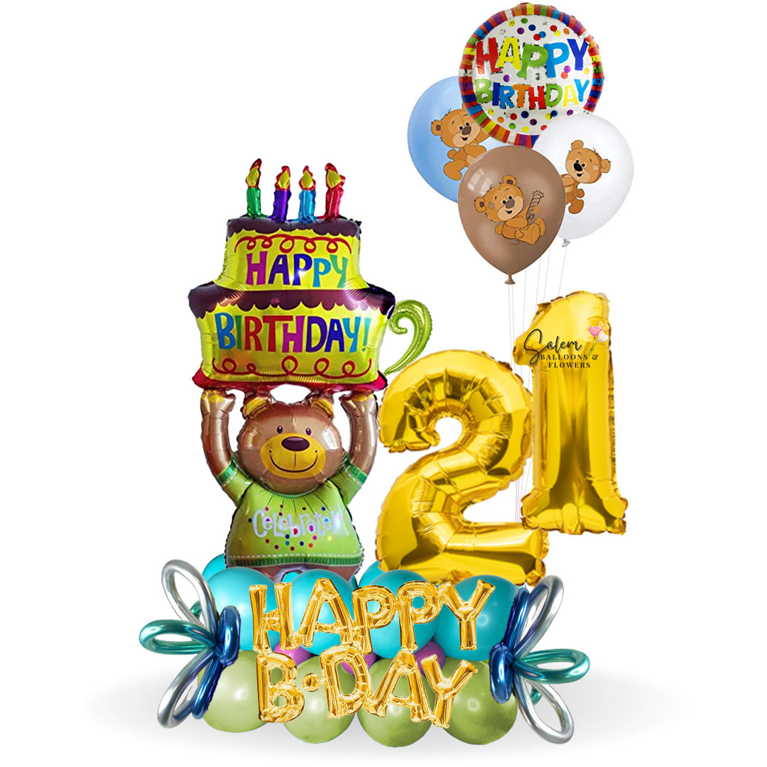 Numbers balloon bouquet a gift that never goes out of style. Featuring an extra large teddy bear balloon wearing a T-shirt with the word "Celebrate" as he carries a huge cake with a "Happy Birthday" phrase. Delivery Balloons Salem Oregon and nearby cities