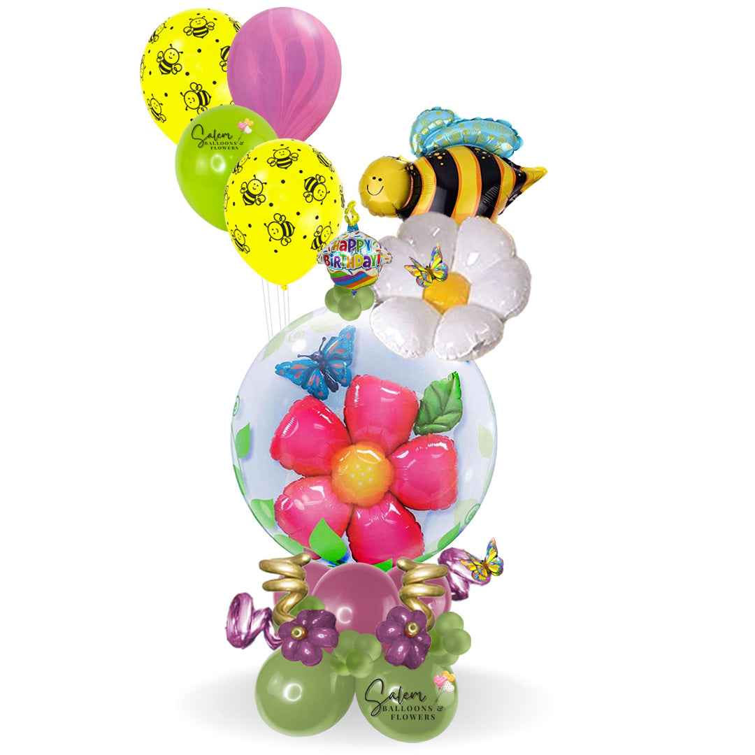 Happy Birthday bubble balloon. Stuffed bubble balloon. Daisy bubble balloon. Balloon delivery in Salem Oregon and nearby cities.