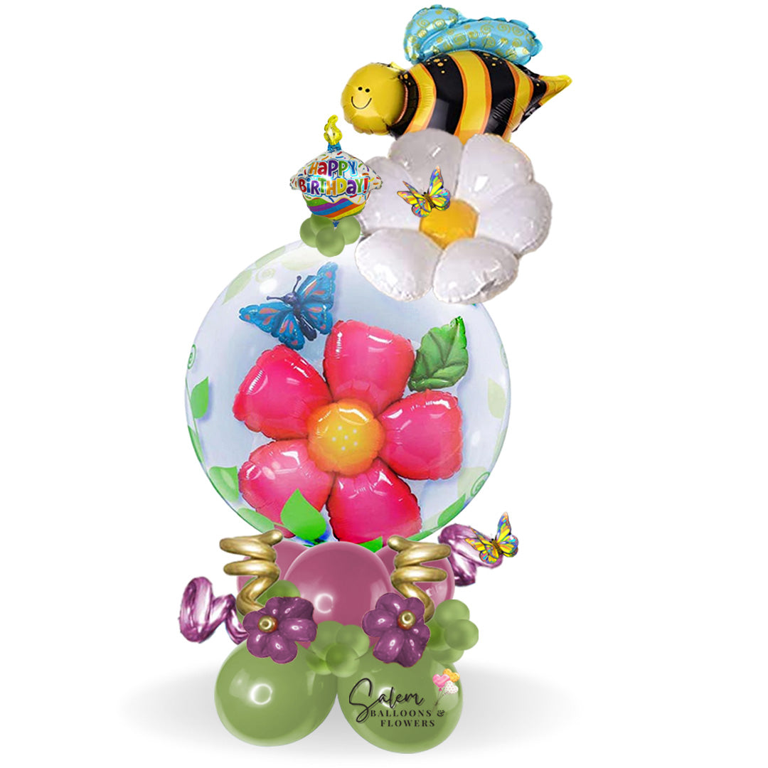 Happy Birthday bubble balloon. Stuffed bubble balloon. Daisy bubble balloon. Balloon delivery in Salem Oregon and nearby cities.
