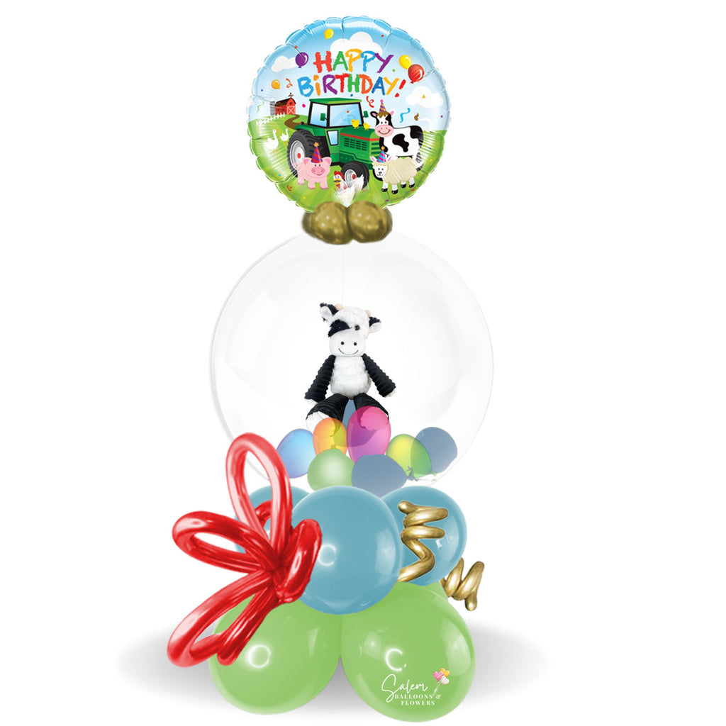 HBD Stuffed Balloon Bouquet. featuring a Farm themed Mylar balloon a 