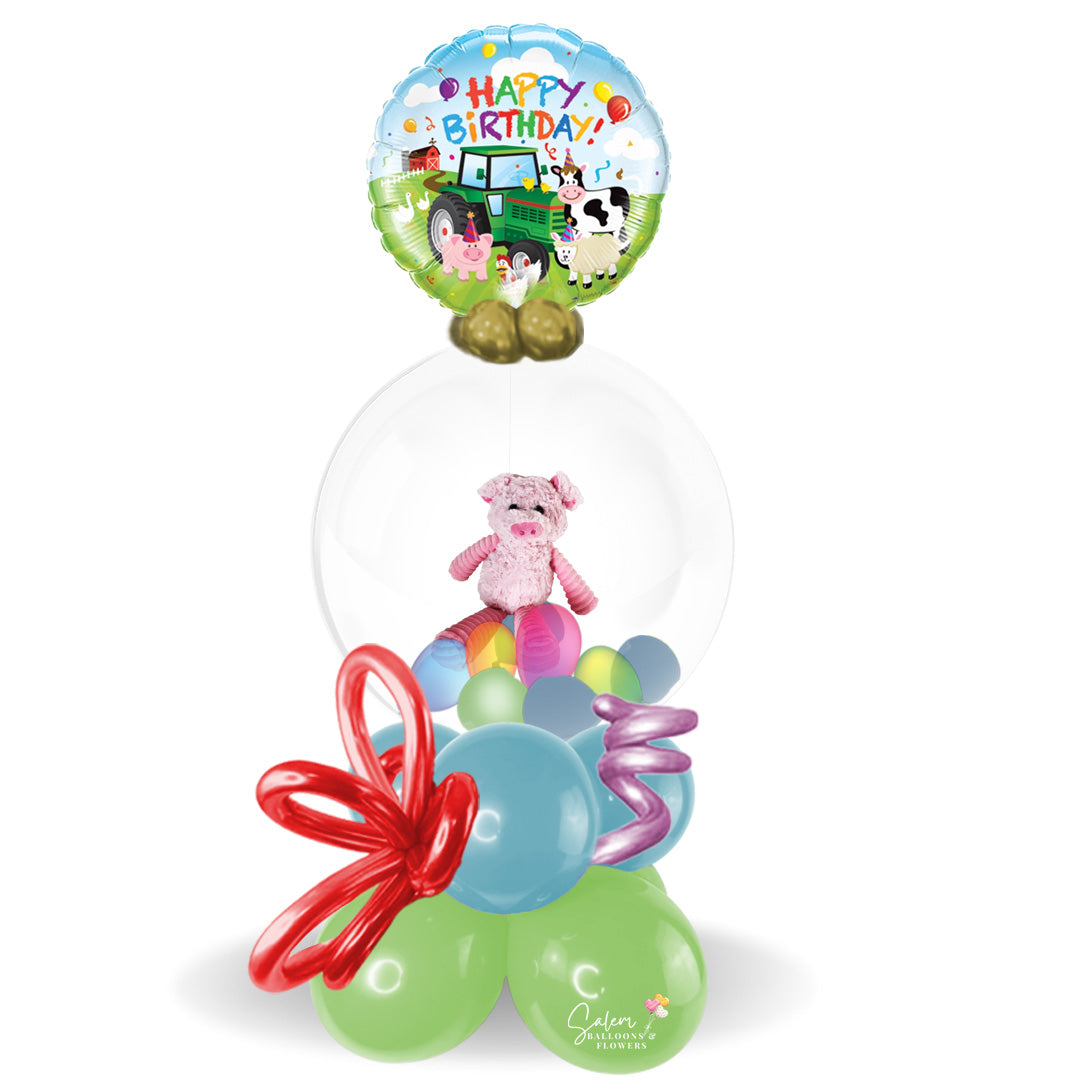 HBD Stuffed Balloon Bouquet. featuring a Farm themed Mylar balloon a "Happy birthday" message. Deluxe style comes with soft touch plush. 