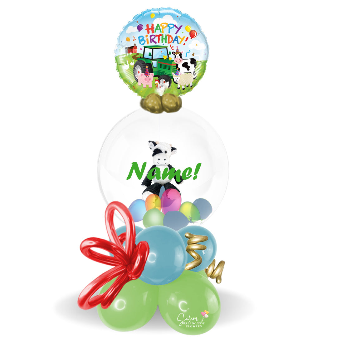 HBD Stuffed Balloon Bouquet. featuring a Farm themed Mylar balloon a "Happy birthday" message. Deluxe style comes with soft touch plush. 