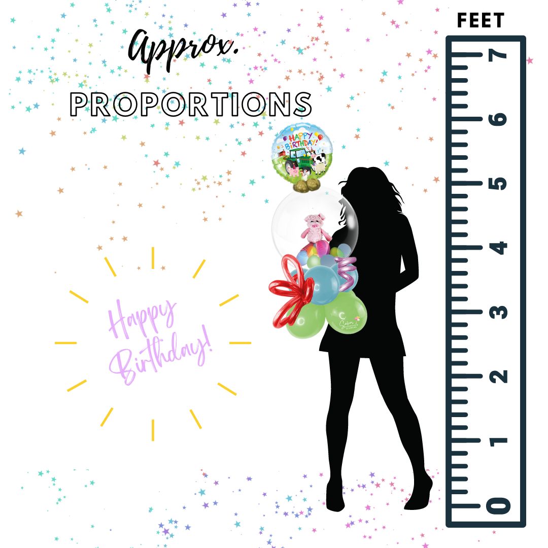 HBD Stuffed Balloon Bouquet. featuring a Farm themed Mylar balloon a "Happy birthday" message. Deluxe style comes with soft touch plush. 