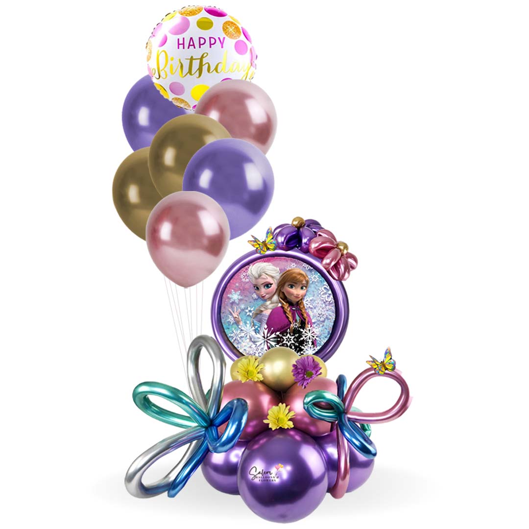 Happy Birthday Balloon bouquet. Featuring a colorful Frozen themed Mylar balloon with Elsa and Anna, sitting on a decorated base of metallic color balloons. A sweet way to celebrate them on their special day!  Deluxe style comes with an extra set of helium balloons. Free delivery in Salem Oregon and nearby areas.