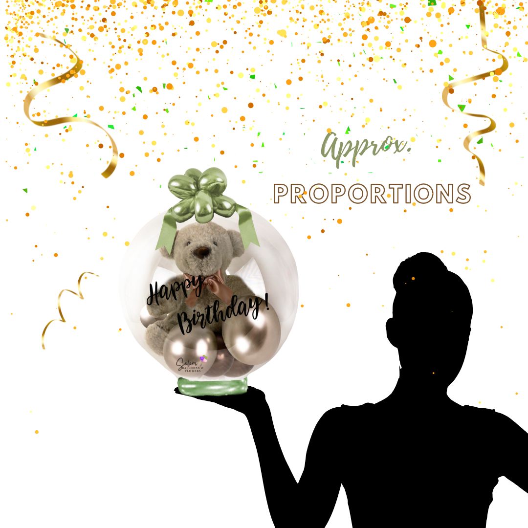 Happy birthday stuffed balloon bouquet. Featuring a teddy bear stuffed in a bubble balloon. Balloons salem Oregon and nearby cities.