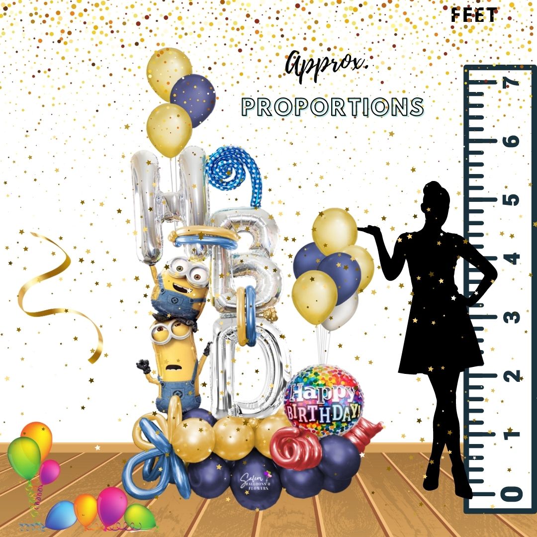 Extra large birthday balloon bouquet. Featuring an oversize Minions balloon with 2 characters holding large HBD balloon letters while standing on a whimsical balloon base. Delivery Salem Oregon and nearby cities.