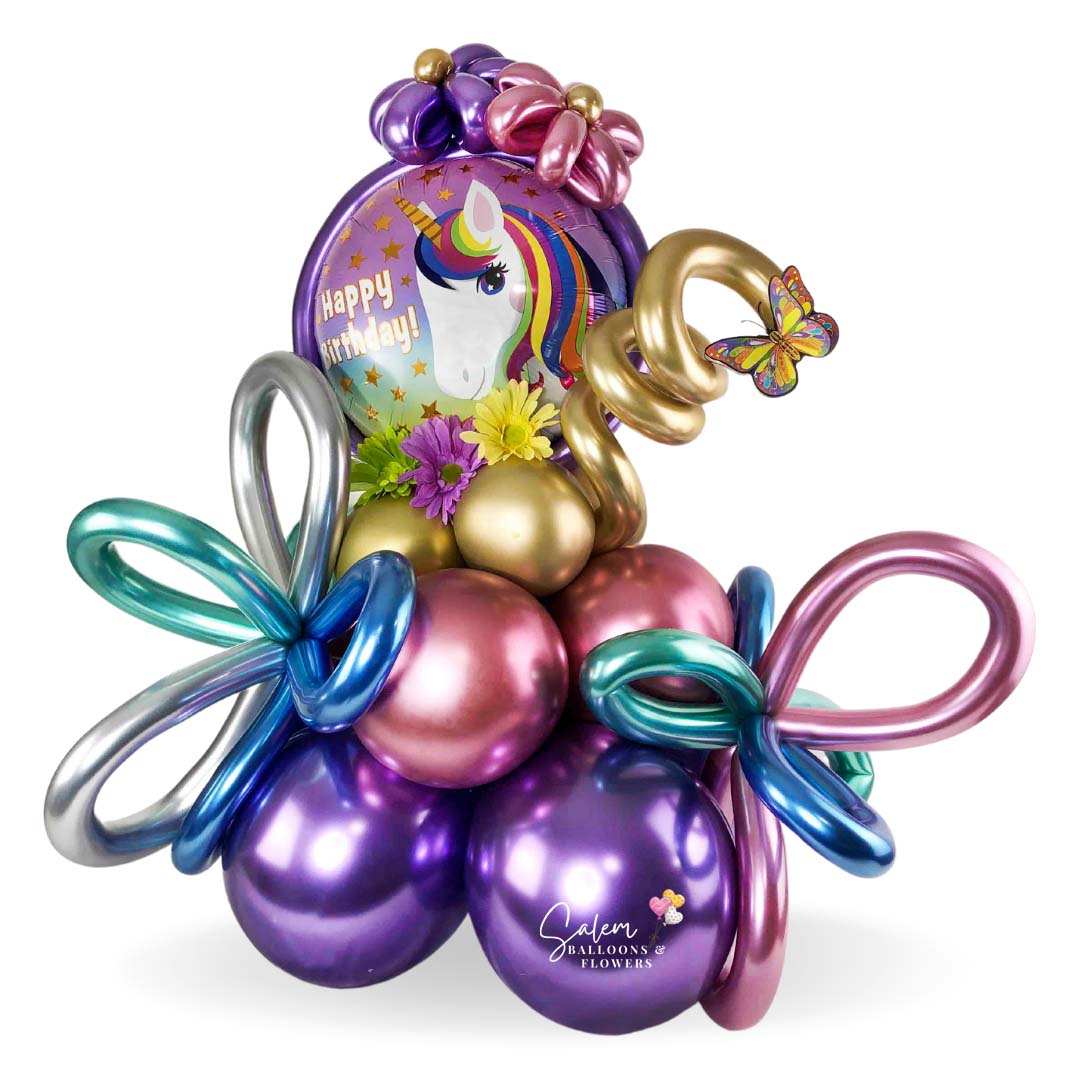 Happy Birthday Balloon bouquet. Featuring a colorful unicorn Mylar balloon with a 