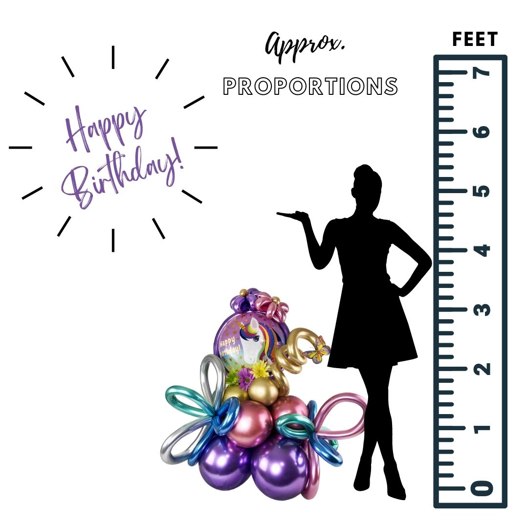 Happy Birthday Balloon bouquet. Featuring a colorful unicorn Mylar balloon with a "Happy Birthday" message, sitting on a decorated base of metallic color balloons. A sweet way to send your best wishes!  Deluxe style comes with a set of helium balloons. Free delivery in Salem Oregon and nearby areas. 