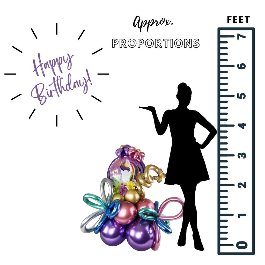 Happy Birthday Balloon bouquet. Featuring a colorful unicorn Mylar balloon with a 