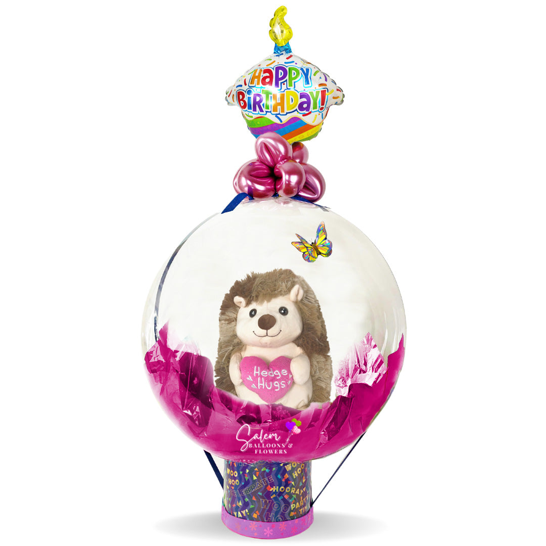 Happy birthday Stuffed bubble balloon gift. Featuring an adorable Hedgehog plush in a bubble balloon. Balloon delivery in Salem Oregon and nearby cities.