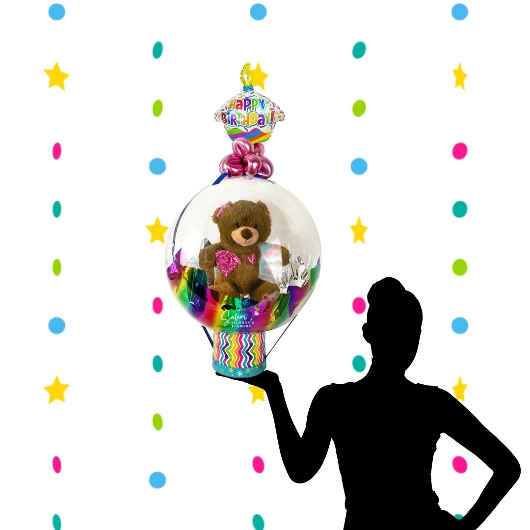 Happy birthday Stuffed bubble balloon gift. Featuring a cute teddy bear plush in a bubble balloon. A colorful and cheery gift! Delivery available in Salem, Keizer, Turner, Stayton, Independence Oregon