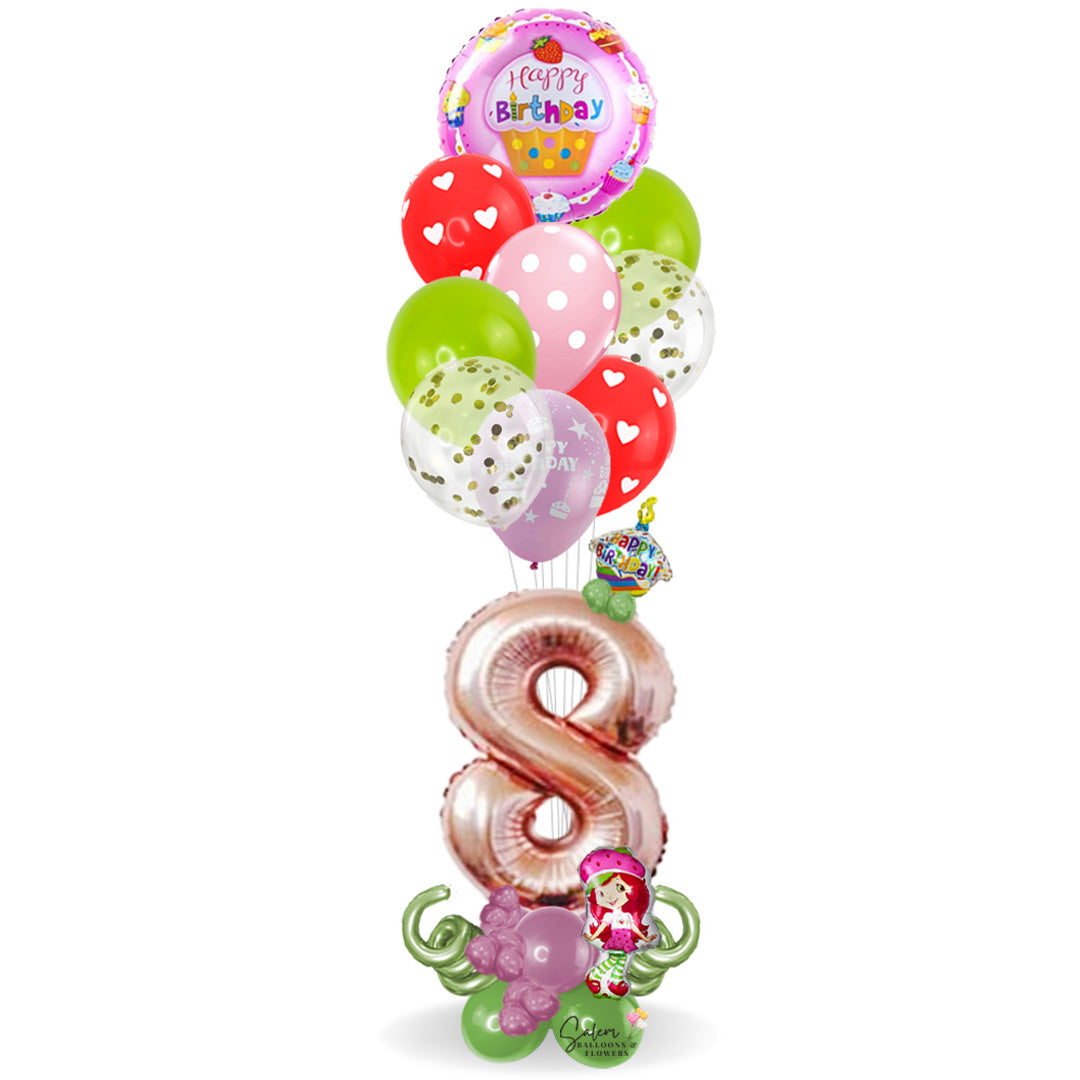 Strawberry Short Cake helium balloon bouquet. Delivery available in Salem Oregon and nearby cities. Helium Balloons Salem Oregon.
