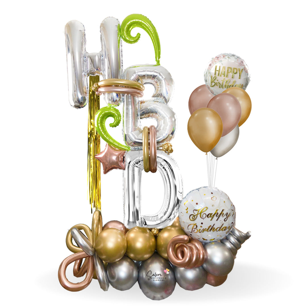 HAPPY BIRTHDAY HBD LETTERS (Tall Balloon Bouquet) with HBD balloon letters and whimsically shaped balloons. Balloons Salem Oregon. Balloons Keizer Oregon. Birthday balloons. Balloon delivery.