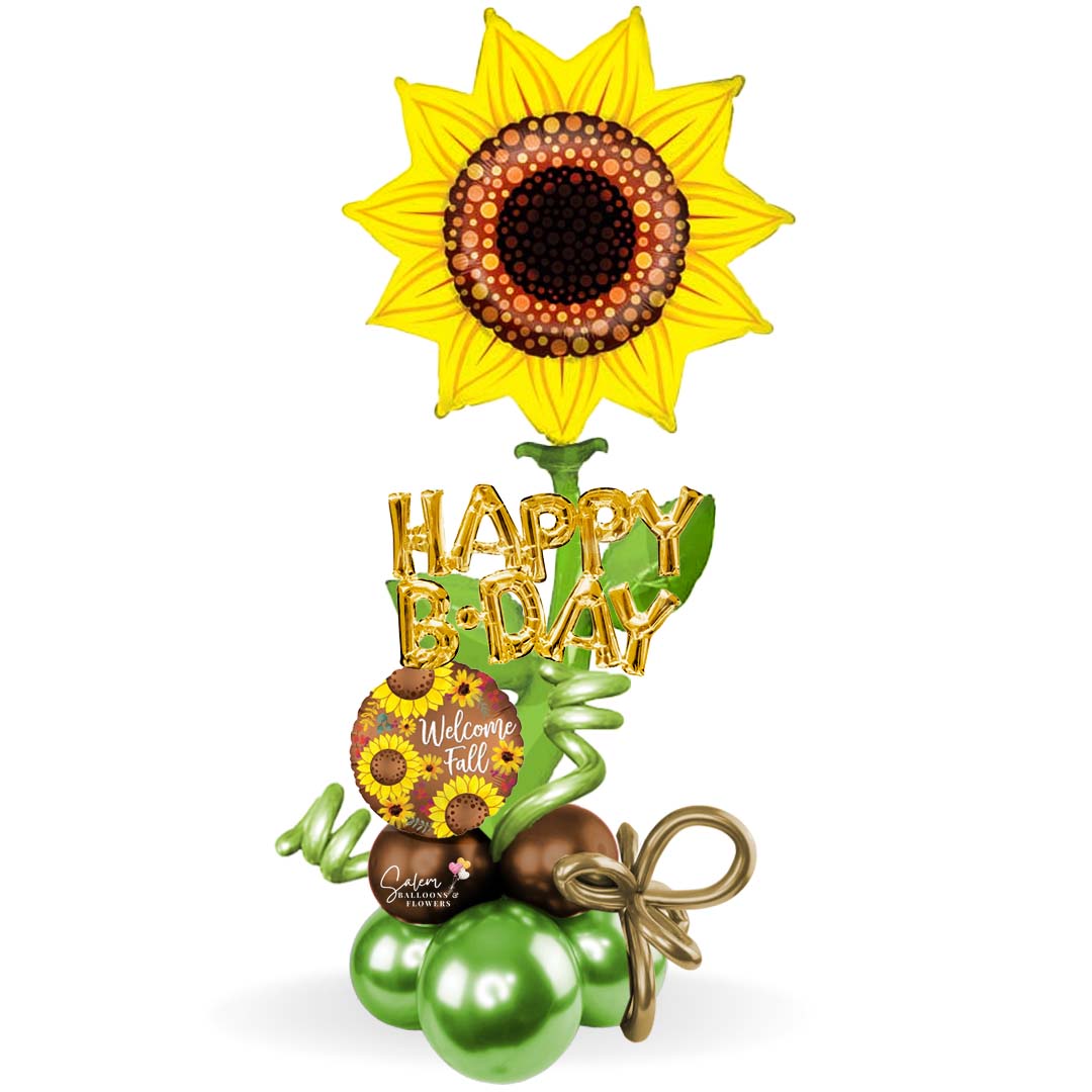Balloons Salem Oregon. Mega Size Happy Birthday Balloon Bouquet. Featuring an extra large Flower Pick balloon standing on a handcrafted balloon base