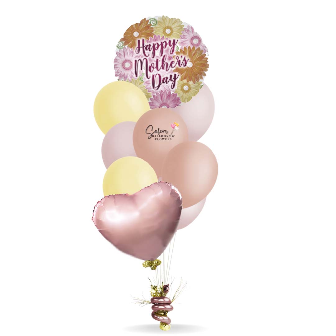 Mother's Day balloon bouquet, featuring a Gerbera flowers balloon with a "Happy Mother's Day" balloon in orange, yellow and pink. Salem Oregon balloon delivery.