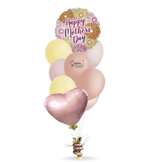 Mother's Day balloon bouquet, featuring a Gerbera flowers balloon with a "Happy Mother's Day" balloon in orange, yellow and pink. Salem Oregon balloon delivery.