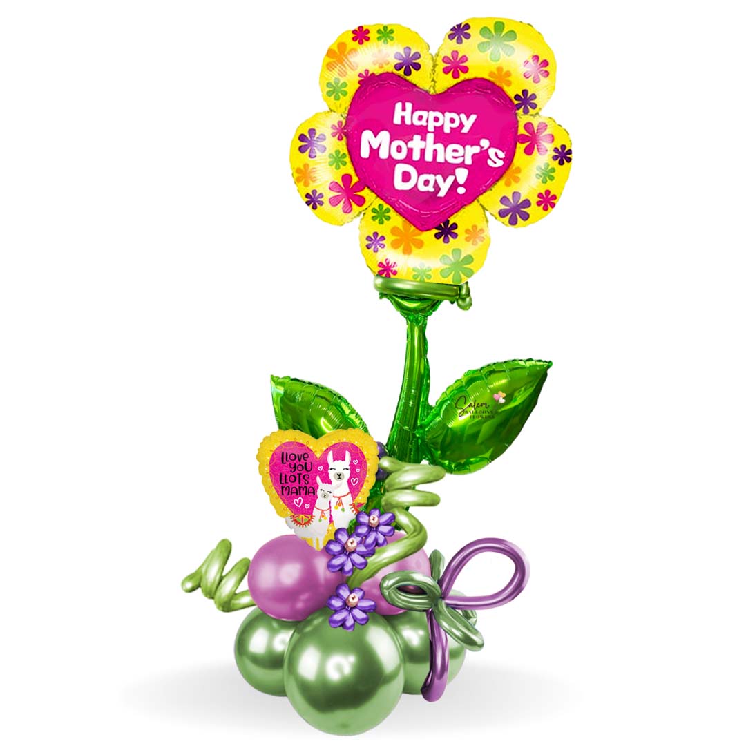 Mega Size Happy Mother's Day Balloon Bouquet. Featuring an extra large Flower Pick balloon with a "Happy Mother's Day" message standing on a handcrafted balloon base made with complementary colors and curly balloons.Salem Oregon balloon delivery.