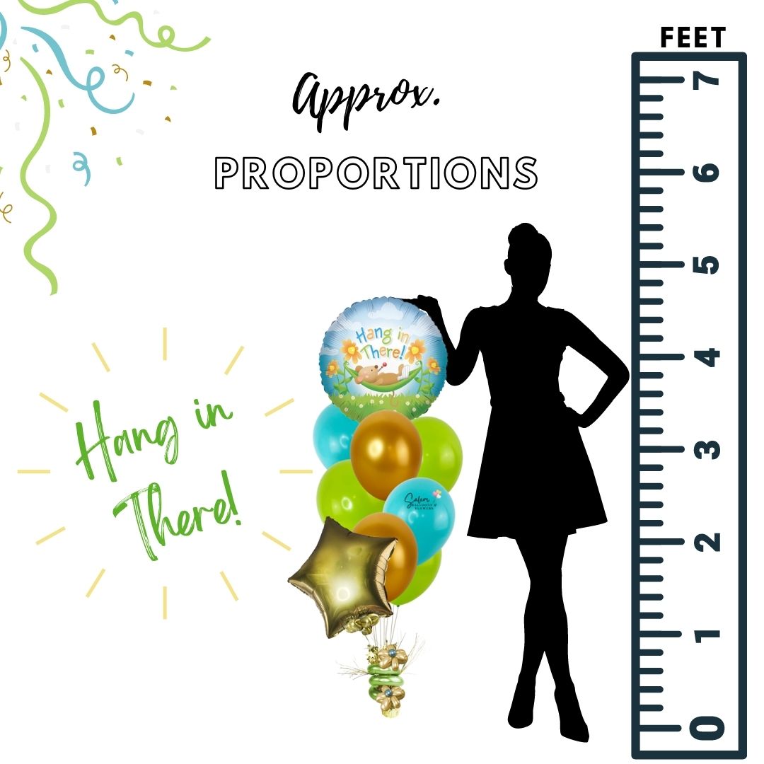 Get well helium balloons. Featuring a colorful balloon with a "Hang in there" message balloon and a set of  helium balloons. Balloons Salem Oregon and nearby cities.