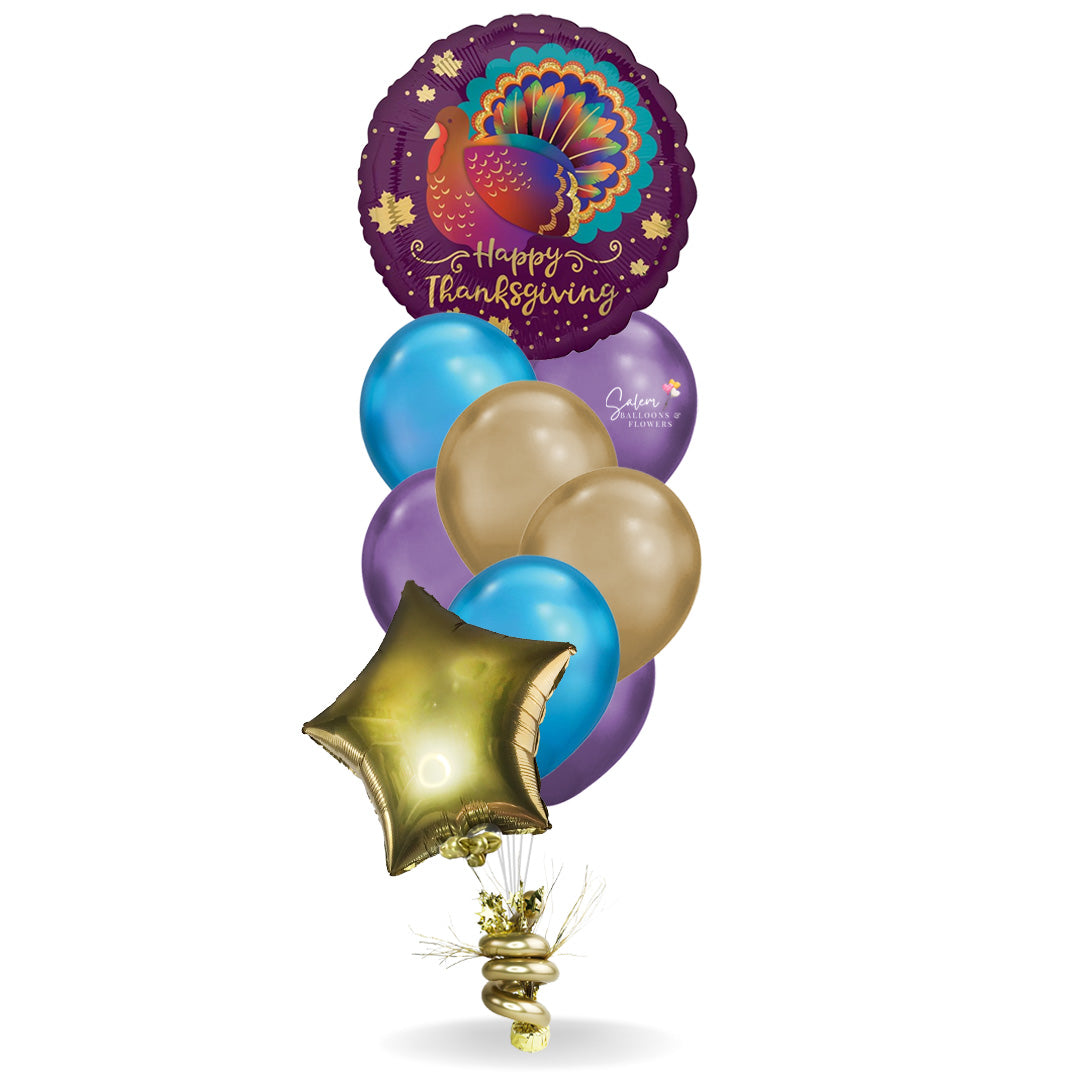 Balloons Salem Oregon. Flower delivery Salem Oregon. Balloon decor Oregon. Happy Thanksgiving balloon bouquet. Featuring a colorful Mylar balloon with a 
