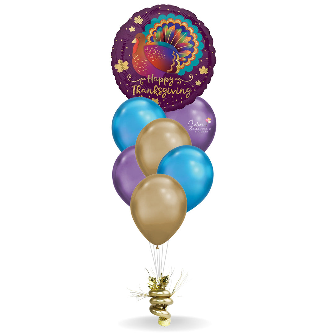 Balloons Salem Oregon. Flower delivery Salem Oregon. Balloon decor Oregon. Happy Thanksgiving balloon bouquet. Featuring a colorful Mylar balloon with a 