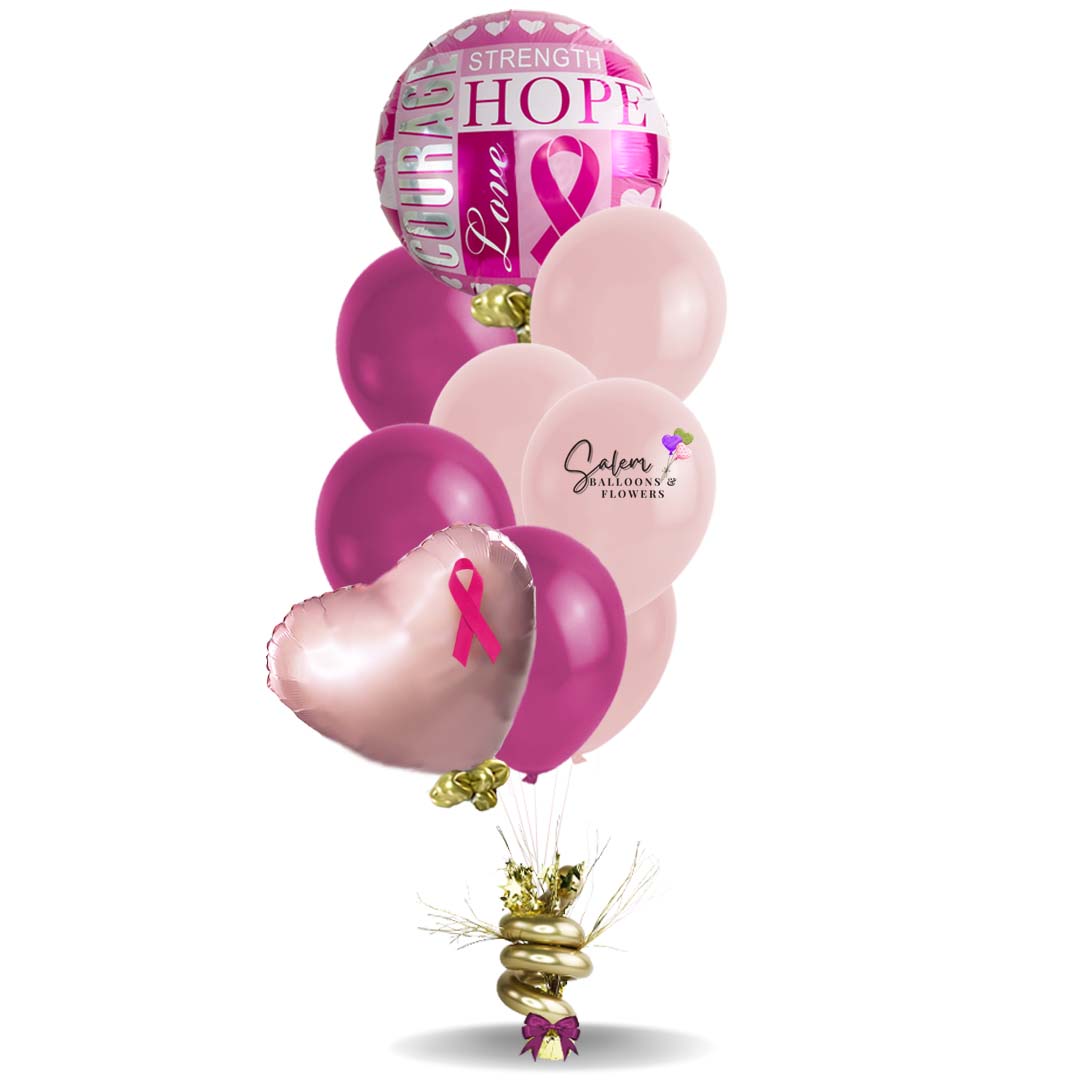 Get well helium balloon bouquet. Cancer awareness balloons. Featuring a Mylar balloon with a "Courage, love & hope" message and a set of bright and colorful helium balloons, anchored to a decorated weight.