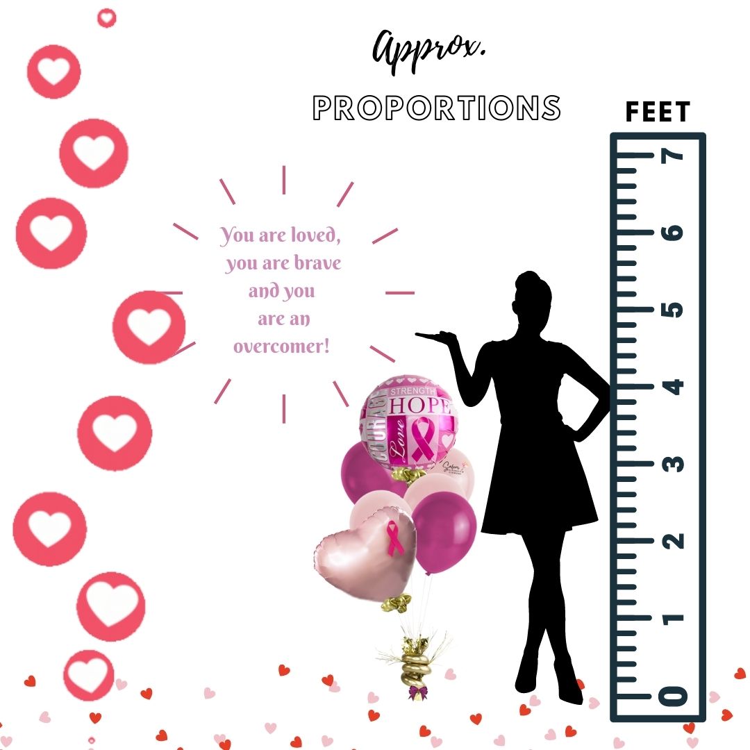 Get well helium balloon bouquet. Cancer awareness balloons. Featuring a Mylar balloon with a "Courage, love & hope" message and a set of bright and colorful helium balloons, anchored to a decorated weight.